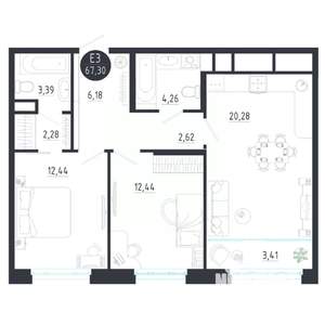 2-к квартира, строящийся дом, 67м2, 8/8 этаж