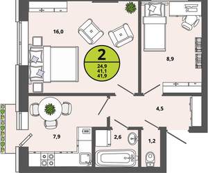 2-к квартира, вторичка, 41м2, 3/3 этаж