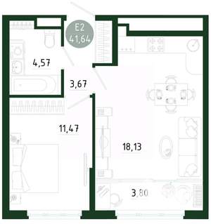 1-к квартира, строящийся дом, 42м2, 8/25 этаж