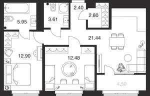 2-к квартира, вторичка, 66м2, 1/25 этаж