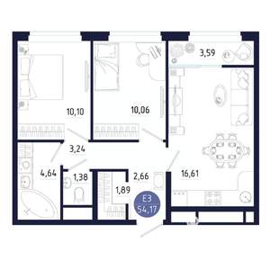 2-к квартира, строящийся дом, 54м2, 21/25 этаж