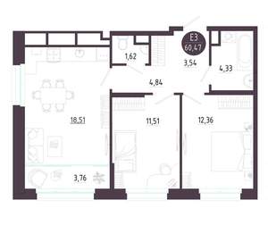 2-к квартира, вторичка, 60м2, 7/10 этаж