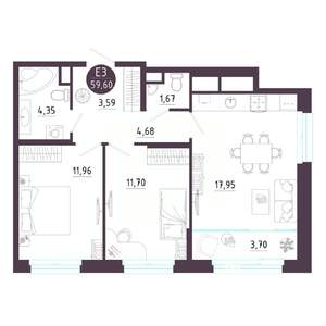 2-к квартира, вторичка, 60м2, 2/10 этаж