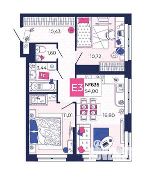 2-к квартира, вторичка, 54м2, 23/25 этаж