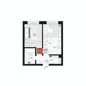 1-к квартира, строящийся дом, 36м2, 2/19 этаж