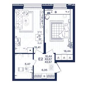 1-к квартира, вторичка, 44м2, 1/15 этаж