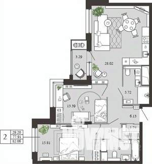 2-к квартира, вторичка, 82м2, 13/21 этаж