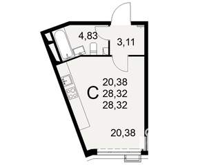 1-к квартира, строящийся дом, 28м2, 11/16 этаж