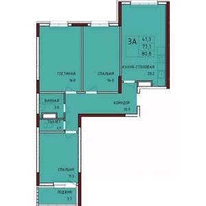 3-к квартира, строящийся дом, 81м2, 13/17 этаж