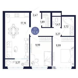 2-к квартира, строящийся дом, 53м2, 14/25 этаж