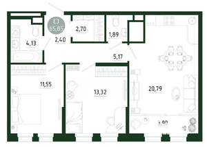 2-к квартира, строящийся дом, 66м2, 22/25 этаж
