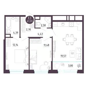 2-к квартира, строящийся дом, 61м2, 5/10 этаж