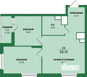 2-к квартира, вторичка, 56м2, 13/25 этаж