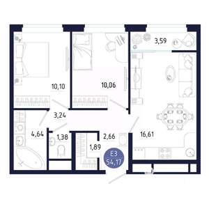 2-к квартира, строящийся дом, 54м2, 19/25 этаж