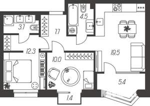 2-к квартира, строящийся дом, 65м2, 10/24 этаж