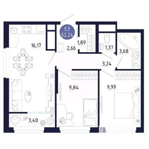 2-к квартира, строящийся дом, 52м2, 11/25 этаж