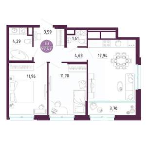 2-к квартира, вторичка, 59м2, 10/10 этаж