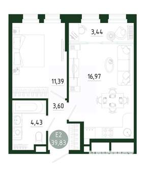 1-к квартира, строящийся дом, 40м2, 13/25 этаж