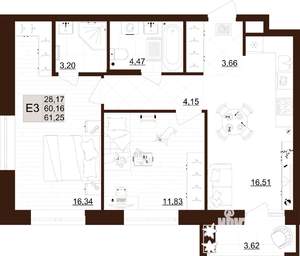 2-к квартира, строящийся дом, 61м2, 1/12 этаж