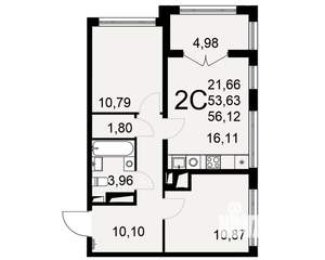 2-к квартира, вторичка, 56м2, 13/25 этаж