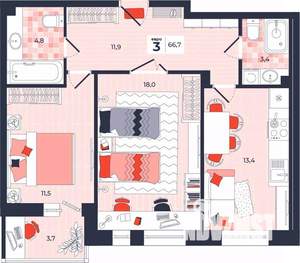 3-к квартира, строящийся дом, 67м2, 2/14 этаж