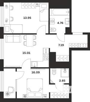 2-к квартира, строящийся дом, 60м2, 15/25 этаж