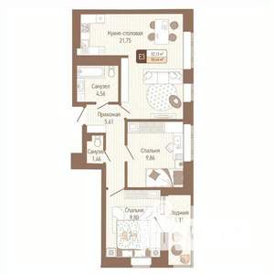 2-к квартира, строящийся дом, 54м2, 12/14 этаж