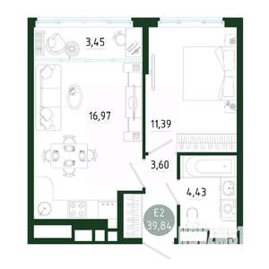 1-к квартира, строящийся дом, 40м2, 23/25 этаж