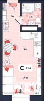 Студия квартира, строящийся дом, 27м2, 13/14 этаж
