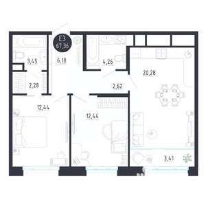 2-к квартира, строящийся дом, 67м2, 6/8 этаж