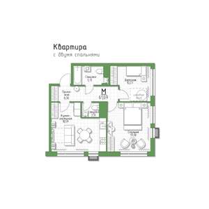 2-к квартира, строящийся дом, 62м2, 5/5 этаж