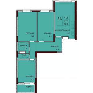 3-к квартира, строящийся дом, 81м2, 14/17 этаж