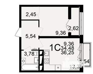 1-к квартира, строящийся дом, 34м2, 13/18 этаж