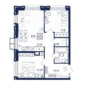 2-к квартира, строящийся дом, 54м2, 2/15 этаж