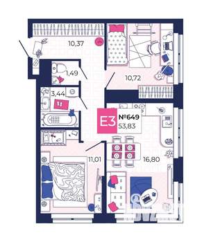 2-к квартира, вторичка, 54м2, 24/25 этаж