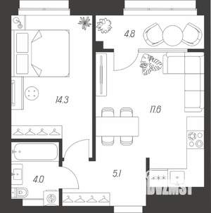 1-к квартира, строящийся дом, 46м2, 2/24 этаж