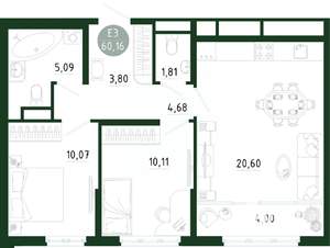 2-к квартира, строящийся дом, 60м2, 11/25 этаж
