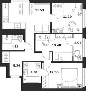 3-к квартира, вторичка, 74м2, 16/25 этаж