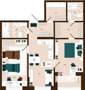 3-к квартира, вторичка, 65м2, 5/14 этаж