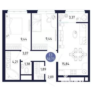 1-к квартира, строящийся дом, 51м2, 15/25 этаж