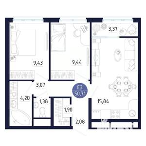 1-к квартира, строящийся дом, 51м2, 9/25 этаж