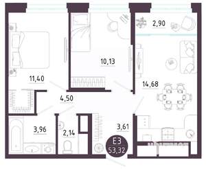 2-к квартира, вторичка, 53м2, 7/10 этаж