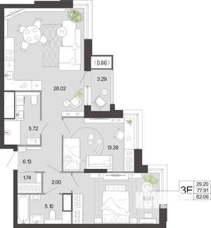 2-к квартира, вторичка, 82м2, 12/21 этаж