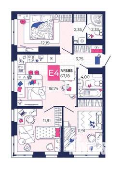 3-к квартира, вторичка, 67м2, 19/25 этаж