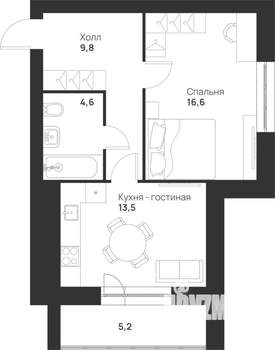 1-к квартира, вторичка, 50м2, 5/5 этаж