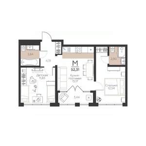 2-к квартира, строящийся дом, 52м2, 1/5 этаж
