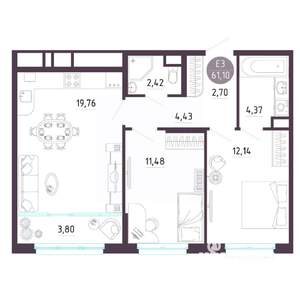 2-к квартира, вторичка, 61м2, 8/10 этаж