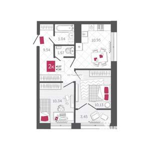 2-к квартира, сданный дом, 46м2, 15/22 этаж