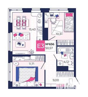 2-к квартира, вторичка, 51м2, 24/25 этаж