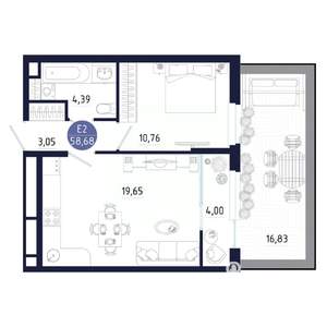 2-к квартира, строящийся дом, 59м2, 1/25 этаж